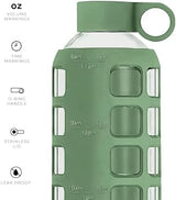 purifyou 40/32/22/12 oz Borosilicate Glass Water Bottles with Volume Markers, Silicone Sleeve, Stainless Steel Lid, Reusable Bottle for Water, Juice, Gym, and Fridge Storage (22oz Shale Green)
