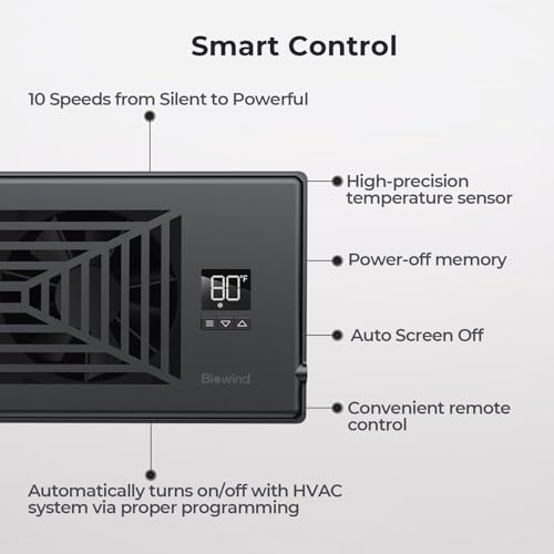 Quiet Register Booster Fan Fits 4" x 10" Register Holes, 10-Speed Smart Heating Cooling AC Vent Fan with Remote Control and Thermostat Control - Black