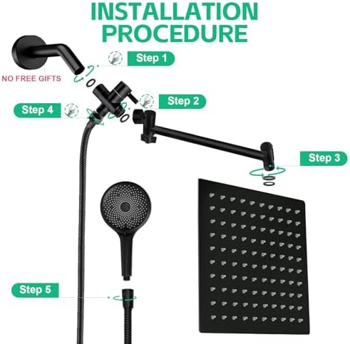 Shower Head,10”Rain Shower Head with Handheld Spray Combo and Adjustable Extension Arm/3-Way Flow Regulator/Shower System,High Pressure Rain Fall Hose,Matt Black