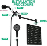 Shower Head,10”Rain Shower Head with Handheld Spray Combo and Adjustable Extension Arm/3-Way Flow Regulator/Shower System,High Pressure Rain Fall Hose,Matt Black
