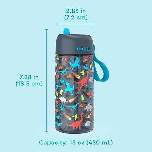 Bentgo Kids Water Bottle - Leak-Proof, Durable Tritan, BPA-Free 15 oz. Cup for Kids/Toddlers Ages 3+, Safe Sip Spout, Carrying Handle, & Dishwasher Safe for School, Sports, Daycare & Camp (Dinosaur)