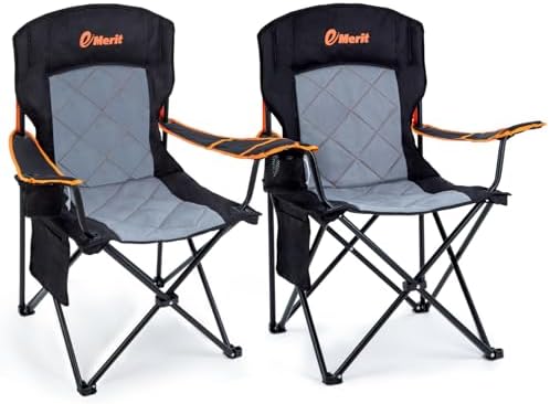 EMERIT 2 Pack Oversized Padded Camping Chair, 350LB Heavy Duty Quad Fold Chair with Arms, Collapsible Outdoor Chairs with Lumbar Back & Cup Holder