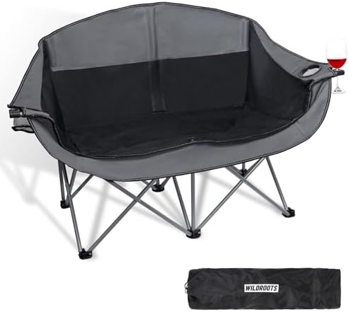 WILDROOTS Outdoor Folding Double Camping Chair Adults 2 Person,Heavy Duty 600 LBS Loveseat with 2 Cup Holder,Portable Carry Bag Included for Camping,Lawn,Backyard,Movie