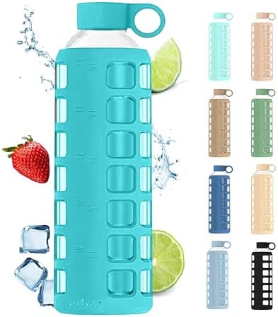 purifyou 40/32/22/12 oz Borosilicate Glass Water Bottles with Volume Markers, Silicone Sleeve, Stainless Steel Lid, Reusable Bottle for Water, Juice, Gym, and Fridge Storage (32oz Aqua Blue)