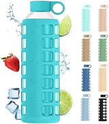 purifyou 40/32/22/12 oz Borosilicate Glass Water Bottles with Volume Markers, Silicone Sleeve, Stainless Steel Lid, Reusable Bottle for Water, Juice, Gym, and Fridge Storage (32oz Aqua Blue)