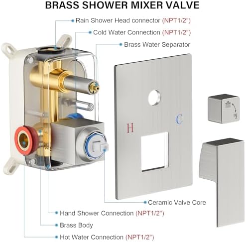 Shower Faucet Set Bathroom Square Rain Shower Head and Handle Set, Wall Mounted Shower Fixtures, Full Metal Trim Repair Kit 10 inch Brushed Nickel (With Shower Valve)