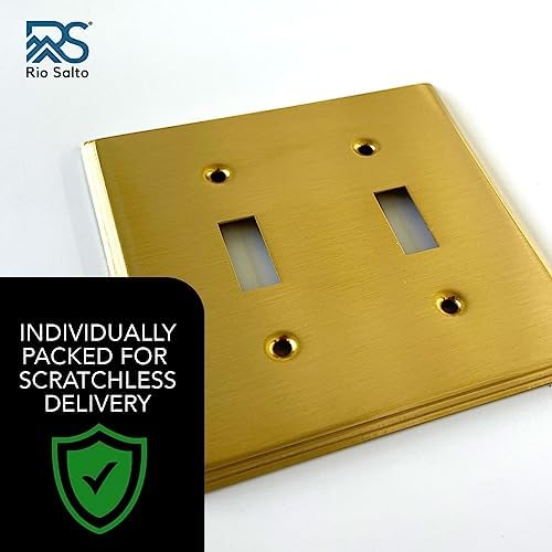 Rio Salto BRASS Modern Metal Gold Outlet Cover or Light Switch Cover Wall Plate Toggle Switch 2-Gang Double Toggle Light Switch Covers Wall Plate Wallplate Decorative Gold 2 Gang STANDARD SIZE