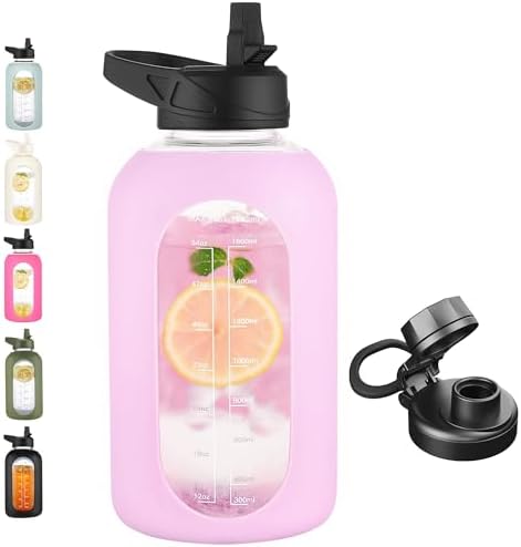 CIVAGO 64 oz Glass Water Bottle Jug with Straw and Handle, Half Gallon Sports Motivational Water Bottle with Time Marker, Wide Mouth Flask Canteen with Silicone Sleeve for Gym, Lavender