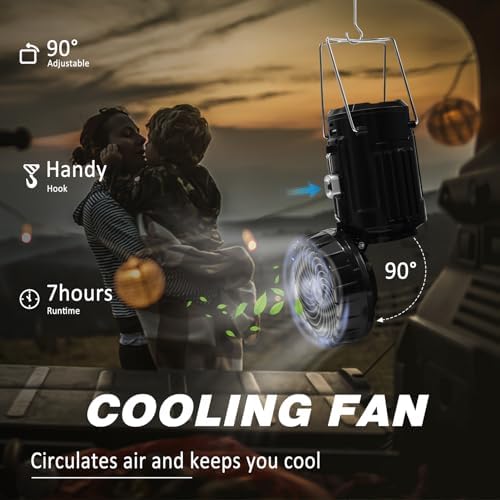 2-Pack Solar Camping Fan w/ Lantern, DIBMS Collapsible Solar Powered USB Rechargeable & Battery Powered Emergency Hanging Lights for Camping Tent Hurricanes Power Outages Storm Indoor Outdoor