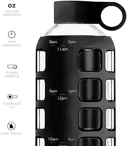 purifyou 40/32/22/12 oz Borosilicate Glass Water Bottles with Volume Markers, Silicone Sleeve, Stainless Steel Lid, Reusable Bottle for Water, Juice, Gym, and Fridge Storage (22oz Jet Black)