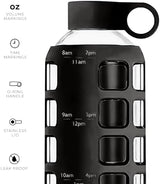 purifyou 40/32/22/12 oz Borosilicate Glass Water Bottles with Volume Markers, Silicone Sleeve, Stainless Steel Lid, Reusable Bottle for Water, Juice, Gym, and Fridge Storage (22oz Jet Black)