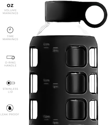 purifyou 40/32/22/12 oz Borosilicate Glass Water Bottles with Volume Markers, Silicone Sleeve, Stainless Steel Lid, Reusable Bottle for Water, Juice, Gym, and Fridge Storage (40oz Jet Black)