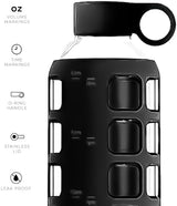 purifyou 40/32/22/12 oz Borosilicate Glass Water Bottles with Volume Markers, Silicone Sleeve, Stainless Steel Lid, Reusable Bottle for Water, Juice, Gym, and Fridge Storage (40oz Jet Black)