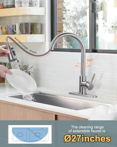 WOWOW Kitchen Faucet with Sprayer, Kitchen Sink Faucet, SUS 304 Stainless Steel, High Arc Single Handle Brushed Nickel Kitchen Faucets with Pull Down Sprayer, Pull Out Kitchen Faucet with Deck Plate