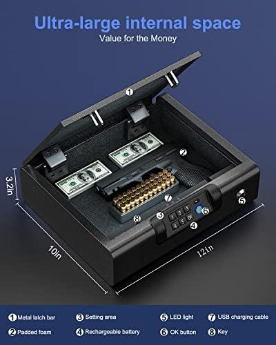 Gun Safe,Biometric Gun Safe for Pistols 3-Ways unlock Fingerprint Digital PIN Key Unlock with Sound, Lock box for Cloakroom living room Bedroom Nightstand and Car BILLCONCH