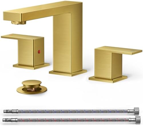FORIOUS Square Gold Bathroom Faucet Widespread 8 Inch, 2 Handle Brushed Gold Bathroom Sink Faucet 3 Hole with Metal Drain, 24" CUPC Supply Lines and Spare Aerator, Vanity Sink Remodel