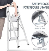 KINGRACK Aluminium 3 Step Ladder, Lightweight Step Stool with Non-Slip Pedals, Handrail, 330 LBS Foldable Step Ladder for Kitchen, Garage, Home, Space Saving, Sturdy and Portable, Silver