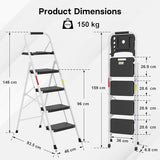 BONTEC 4-Step Ladder, 400lbs Max Load, Folding Step Stool with Tool Tray, Anti-Slip Pedals, Sturdy Steel, Lightweight Portable Ladder with Handrail for Home & Work Use, White