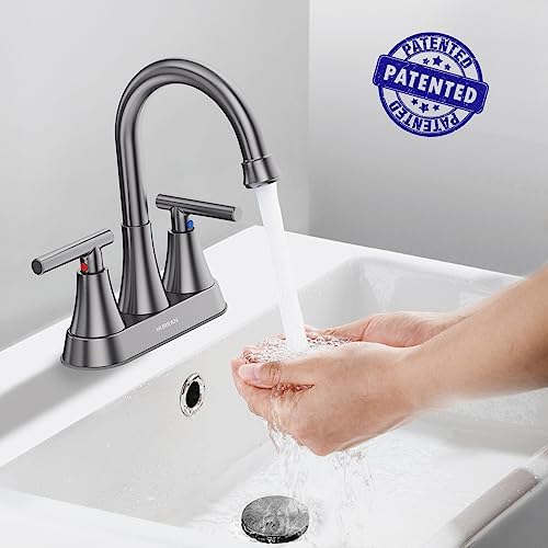 Bathroom Faucets for Sink 3 Hole, Hurran 4 inch Brushed Grey Bathroom Sink Faucet with Pop-up Drain and Supply Hoses, Stainless Steel Lead-Free Centerset Touch On Faucets for Vanity RV
