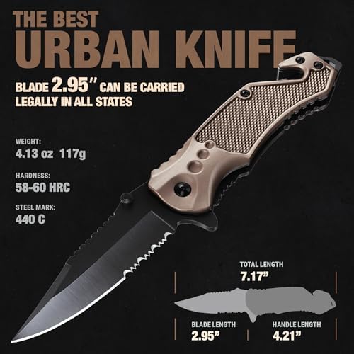 Legal Pocket Knife Coyote Tan - 2.95” Sharp Serrated Edge Blade - Multi Tool with Seatbelt Cutter, Glass Breaker & Clip - Cool Folding Knives for EDC Camping Fishing - Birthday Gifts for Men 6680 T