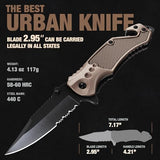 Legal Pocket Knife Coyote Tan - 2.95” Sharp Serrated Edge Blade - Multi Tool with Seatbelt Cutter, Glass Breaker & Clip - Cool Folding Knives for EDC Camping Fishing - Birthday Gifts for Men 6680 T