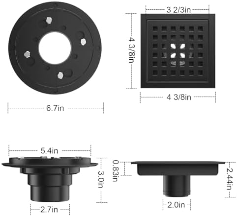 EXF Square Shower Drain 4-3/8 Inch Matte Black, Stainless Steel Shower Floor Drain Kit with ABS Flange, Removable Cover Grid Grate, Hair Strainer