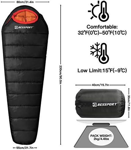 Bessport Mummy Sleeping Bag | 15-45 ℉ Extreme 3-4 Season Sleeping Bag for Adults Cold Weather– Warm and Washable, for Hiking Traveling & Outdoor Activities