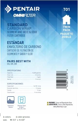 Pentair OMNIFilter TO1 Carbon Water Filter, 10-Inch, Standard Whole House Carbon Wrap Sediment and Taste & Odor Replacement Filter Cartridge, 10" x 2.5", 5 Micron, Pack of 2