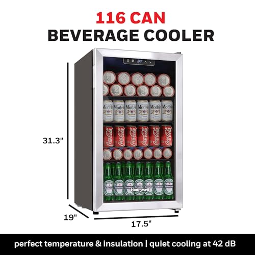 Honeywell Beverage Refrigerator and Cooler, 116 Can Mini Fridge with Glass Door for Soda Beer or Wine for Office or Bar with Adjustable Removable Shelving, Commercial Grade