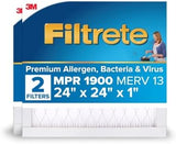Filtrete 24x24x1 AC Furnace Air Filter, MERV 13, MPR 1900, Premium Allergen, Bacteria & Virus Filter, 3-Month Pleated 1-Inch Electrostatic Air Cleaning Filter, 2-Pack (Actual Size 23.81x23.81x0.78 in)
