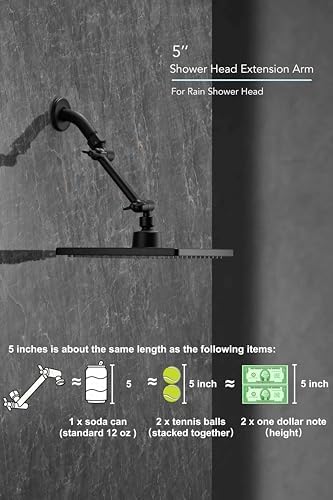 5 Inch Adjustable Shower Head Extension Arm With Locking Set Screw, Singing Rain Brass Matte Black Angle Height Adjustable, Easy To Install, G1/2 Universal Connector Compatible (Matte Black Finish)
