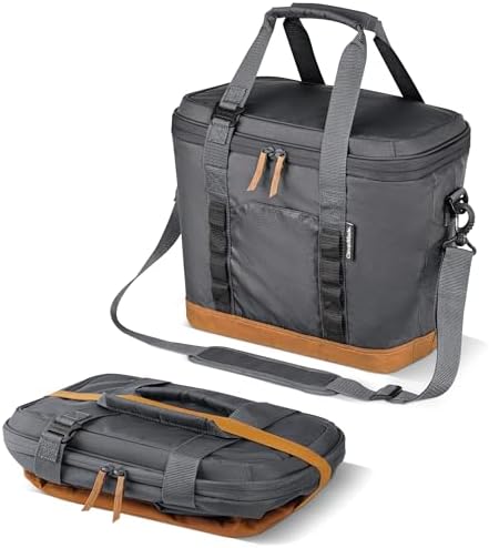 CleverMade Collapsible Cooler Bag, 30 Can Beach & Travel Car Cooler, Folding Soft Cooler, Shoulder Strap, Bottle Opener, Great Car Coolers for Travel, Leak Proof Cooler Bag [Cool Gray/Cognac]