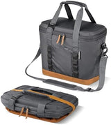 CleverMade Collapsible Cooler Bag, 30 Can Beach & Travel Car Cooler, Folding Soft Cooler, Shoulder Strap, Bottle Opener, Great Car Coolers for Travel, Leak Proof Cooler Bag [Cool Gray/Cognac]