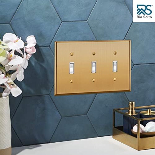 Rio Salto BRASS Metal Gold Triple Toggle Light Switch Metal Wall Plate 3-Gang Toggle Wallplate Cover Wall Plate Light Switch Covers 1-Pack Standard Size