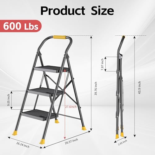 Step Ladder Foldable Folding Stool - for Home Adults Kitchen 3 Stepping Extension Tall Heavy Duty with Handrails - Closet Stepstool Stair Ladders Extendable Stepladder for Indoor House 600Lbs
