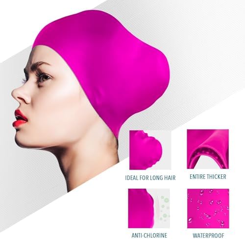 Womens Silicone Swim Cap for Long Hair,3D Ergonomic Design Silicone Swimming Caps for Women Kids Men Adults Boys Girls with Ear Plug and Nose Clip