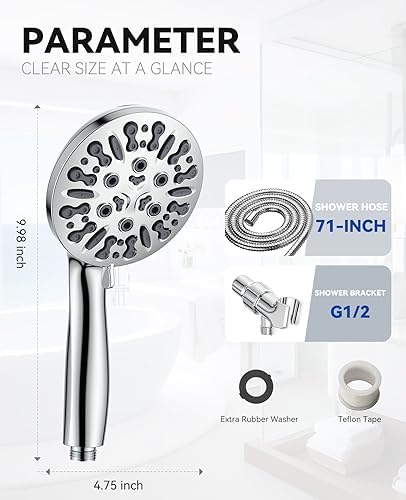 JDO Shower Head with Handheld, High Pressure Handheld Shower Head 9 Settings, Detachable Shower Head Set with Stainless Steel Hose and Shower Bracket (Chrome)