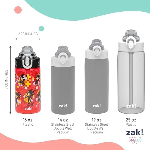 Zak Designs Sonic the Hedgehog Sage Kids Water Bottle For School or Travel, 16oz Durable Plastic Water Bottle With Straw, Handle, and Leak-Proof, Pop-Up Spout Cover, 2-Pack Set (Sonic & Shadow)