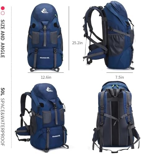 Bseash 50L Hiking Backpack, Water Resistant Lightweight Outdoor Sport Daypack Travel Bag for Camping Climbing Skiing Cycling (Navy Blue - With Shoe Compartment)