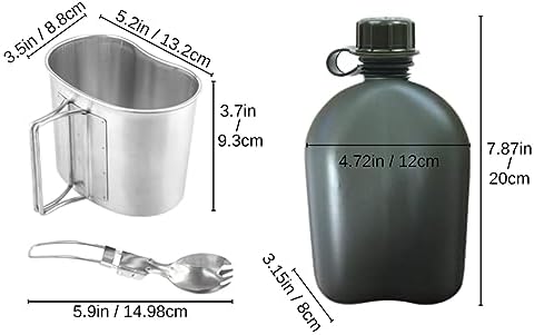 BeGrit Military Canteen Army Canteen WWII US G.I. Style Canteen Kit with Aluminum Cup Stainless Steel Foldable Spoon Fork for Hiking Backpacking Camping, 1 Quart Green