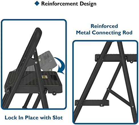 BONTEC 2-Step Ladder, Folding Step Stool, 600lbs Max Load Capacity, Sturdy Steel, Non-Slip Pedals, Lightweight, Portable Steel Ladder with Convenient Handrail, Safety Design for Home & Work, Black