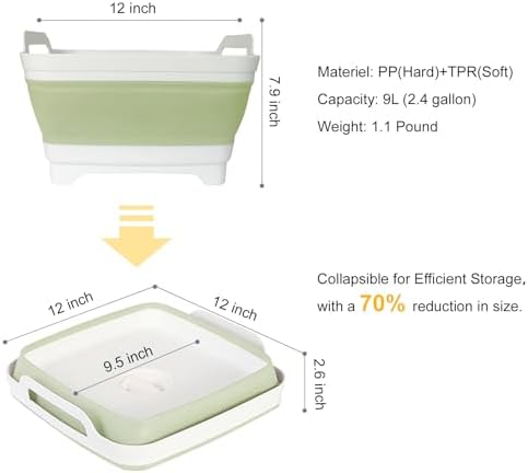 Collapsible Dish Tub 9L-Collapsible Basin Bucket Portable Sink-Outdoor Multiuse Foldable Sink Tub Wash Dish Basin for Kitchen Basin RV Camping (Green)