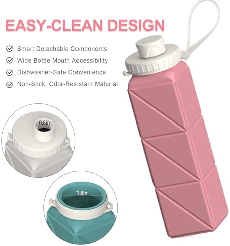 Collapsible Water Bottles 20.6oz, Silicone Foldable Portable Travel Water Bottle, Folding Lightweight Reusable Leakproof for Traveling Camping Hiking Cycling Yoga Sports Outdoor