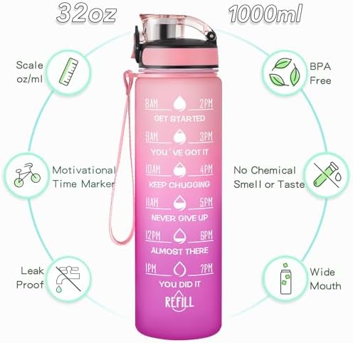 Enerbone Water Bottle, Leakproof BPA & Toxic Free, Motivational Water Bottle with Times to Drink and Straw, Fitness Sports Water Bottle with Strap for Office, Gym, Outdoor Sports