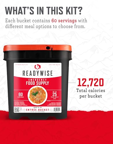 READYWISE - Entrée Grab & Go Bucket, 60 Servings, Emergency, MRE Supply, Premade, Freeze Dried Survival Food for Hiking, Adventure & Camping Essentials, Individually Packaged, 25 Year Shelf Life
