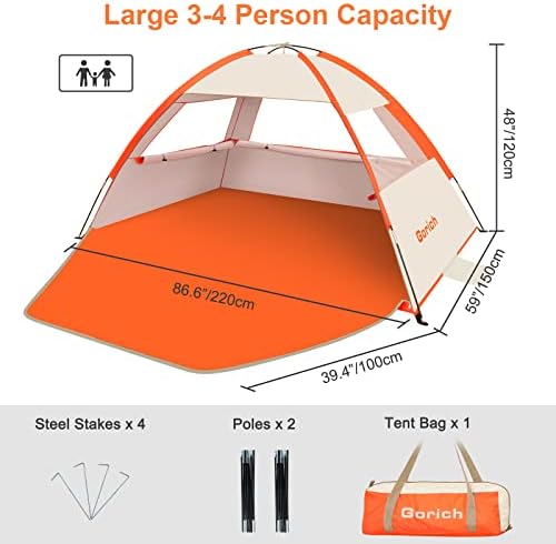 Gorich Beach Tent Sun Shelter for 3/4-5/6-7/8-10 Person with UPF 50＋ UV Protection, Lightweight & Easy Setup Beach Shade Canopy, Portable Beach Shade Tent Beach Cabana