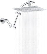 Hibbent All Metal Rain Shower Head, 10'' High Pressure Rainfall Square Showerhead with 16" Shower Head Extension Arm, Solid Brass Adjustable Shower Arm Extender, Waterfall fixed Showerheads, Chrome