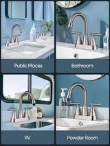 Cobbe 4 inch Brushed Nickel Bathroom Faucets with Pop up Drain and Two Supply Hoses, Lead-Free Stainless Steel 2 Handle Centerset Faucet for Vanity, RV