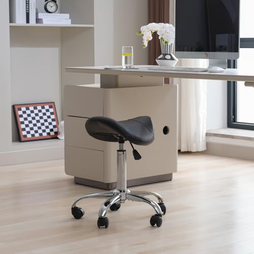 FIRAVOE Saddle Stool, Swivel Saddle Stool with Wheels, Adjustable Rolling Stool 18"-26", Faux Leather Rolling Saddle Stool for Salon, Massage, Clinic, Lab, Office (Black, 1PCS (18"-26"))