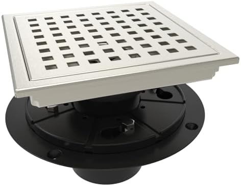 6 Inch Square Shower Floor Drain with Flange,Quadrato Pattern Grate Removable,Food-Grade SUS 304 Stainless Steel,Watermark&CUPC Certified,Brushed Nickel